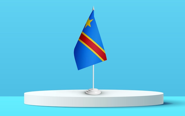 La bandera nacional de la república democrática en un podio 3D y fondo azul.
