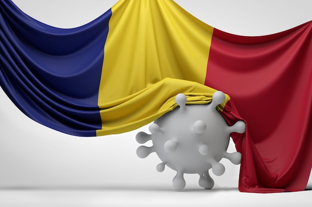 La bandera nacional de Rumania cubrió una representación de la molécula d de la enfermedad del virus covid