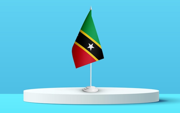 La bandera nacional de saint_kitts_and_nevis en un podio 3D y fondo azul.