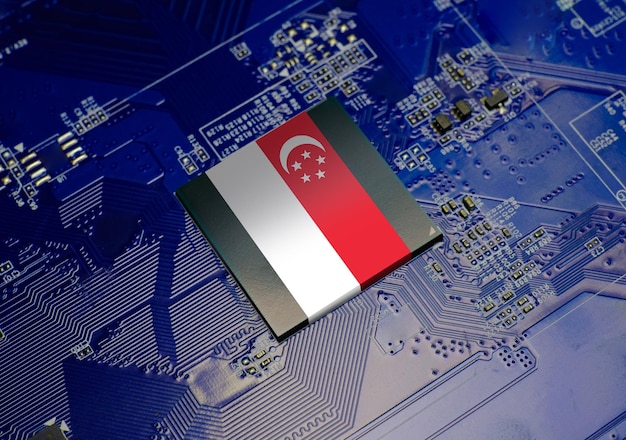 La bandera nacional de Singapur en la placa de circuito electrónico de la computadora del conjunto de chips operativo de la CPUxA