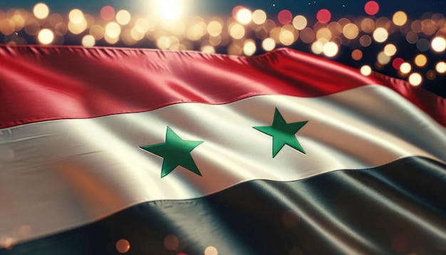 La bandera nacional de Siria expuesta con un telón de fondo de celebración de cálidas luces bokeh