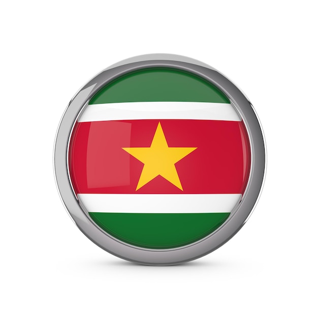 Bandera nacional de Surinam en forma de círculo brillante con marco cromado 3D Rendering