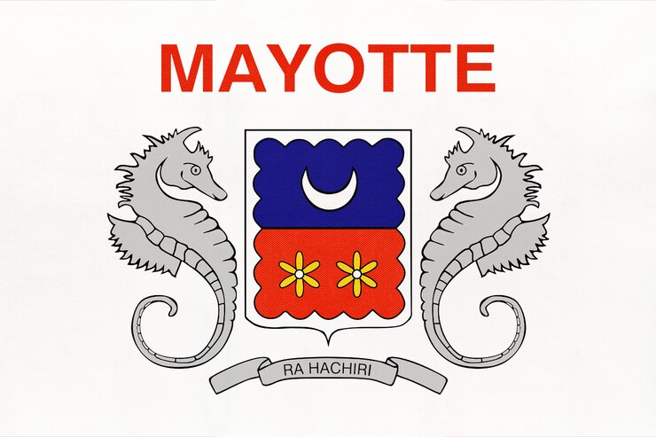 Foto bandera nacional de la tela de la isla de mayotte, fondo de la materia textil. símbolo del mundo internacional del país africano.