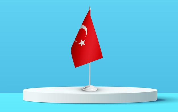 La bandera nacional de Turquía en un podio 3D y fondo azul.
