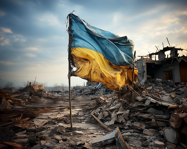 La bandera nacional de Ucrania ondea sobre casas devastadas por la guerra. Ilustración generada con IA.