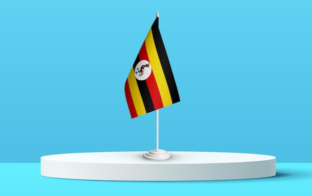 La bandera nacional de uganda en un podio 3D y fondo azul.