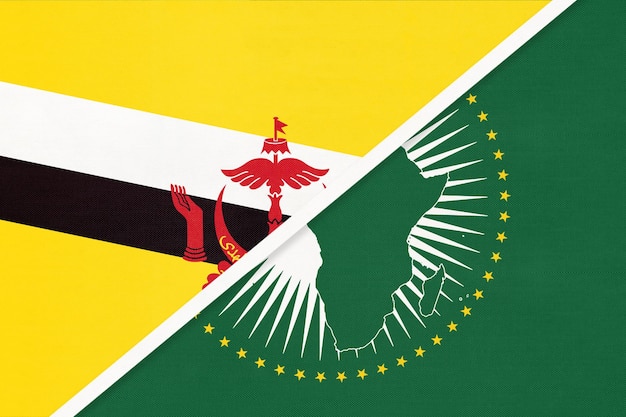 Bandera nacional de la Unión Africana y Brunei del continente africano textil frente al símbolo de Brunei