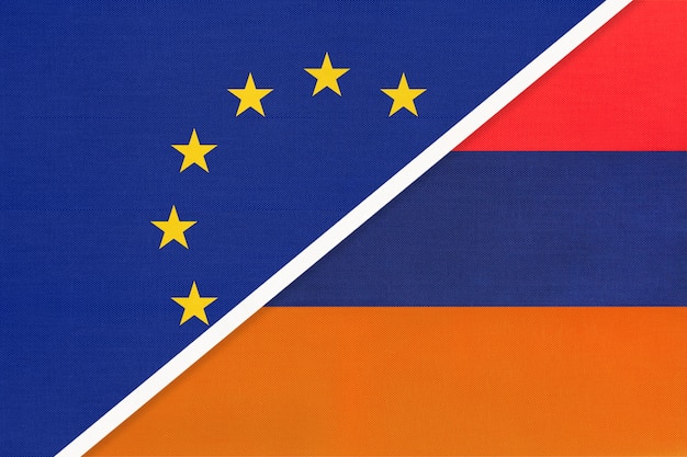 Bandera nacional de la Unión Europea o UE vs República de Armenia de textil.