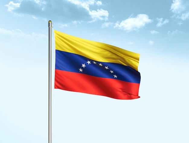 Bandera nacional de Venezuela ondeando en el cielo azul con nubes Bandera de Venezuela Ilustración 3D