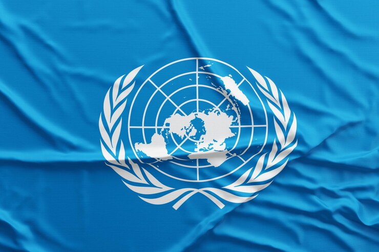 Bandera de las Naciones Unidas ondeando Representación 3d que representa el símbolo de la victoria, la conquista, las celebraciones nacionales