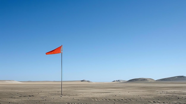 Una bandera naranja brillante se alza en medio de un vasto desierto la bandera está soplando en el viento y la arena está ondulando a su alrededor