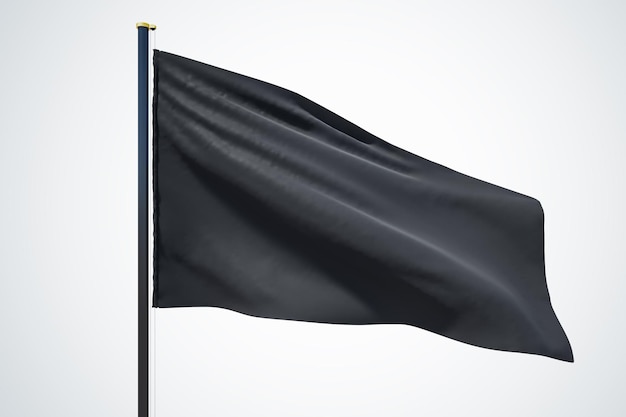 Bandera negra en blanco ondeando en el viento con espacio de copia para su logotipo o texto aislado en fondo gris claro Representación 3D simulada