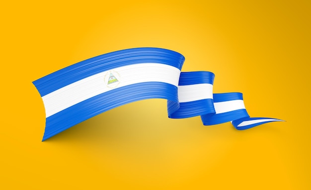 Bandera de Nicaragua Brillante agitando banda retorcida Bandera aislada en fondo amarillo Ilustración en 3D