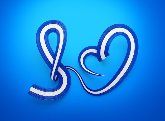 Bandera de Nicaragua en forma de corazón con cinta ondulada de conciencia Bandera con fondo azul Ilustración en 3D