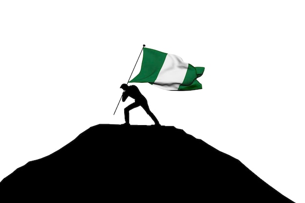 Bandera de Nigeria empujada hacia la cima de la montaña por una silueta masculina 3D Rendering