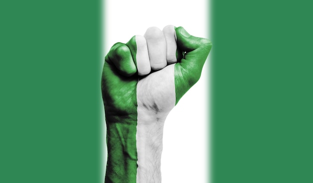 Foto bandera de nigeria pintada en un concepto de protesta de fuerza de puño cerrado