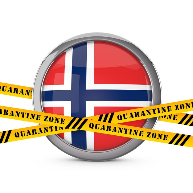 Bandera de noruega con cinta de seguridad de advertencia de cuarentena amarilla d render