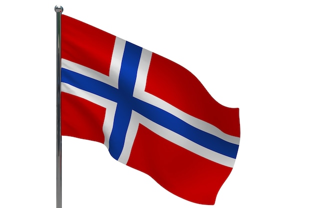 Bandera de Noruega en la pole. Asta de bandera de metal. Bandera nacional de Noruega ilustración 3D en blanco