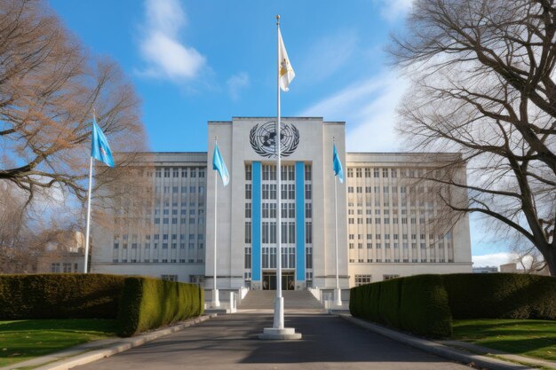 La bandera de la OMS ondeando con orgullo en la sede de Ginebra Emblema de la Organización Mundial de la Salud