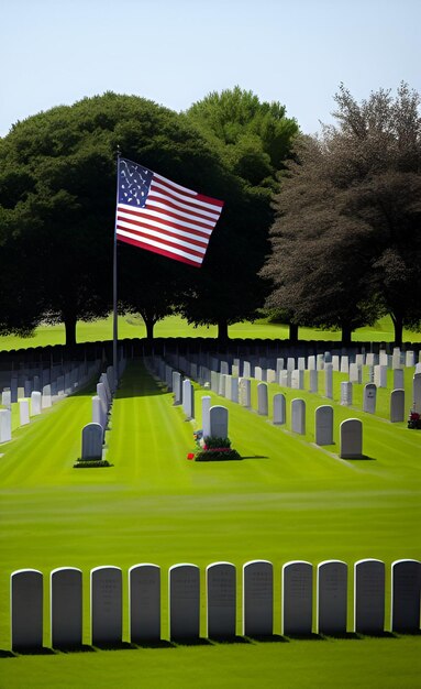 Una bandera ondea frente a un cementerio.