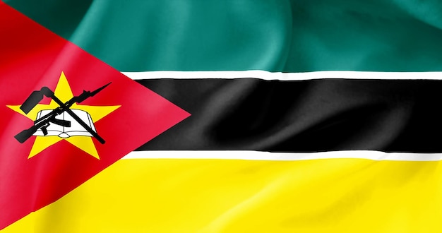 La bandera ondulada de Mozambique, la bandera de un país libre, la bandera que flota en el viento, los textiles de satén.