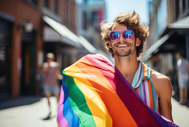 bandera del orgullo gay de un joven caminando por el centro de la ciudad al estilo de happycore