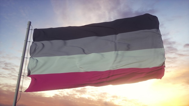 Bandera del orgullo de ginefilia ondeando en el fondo del viento, el cielo y el sol. Representación 3D.