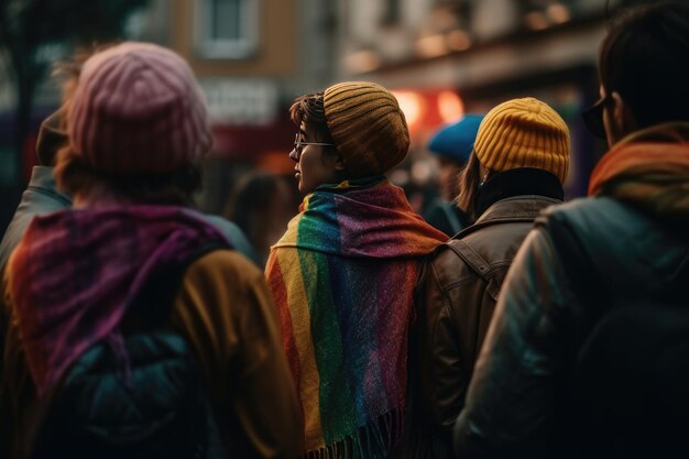 Una bandera del orgullo en una multitud nocturna de luces brillantes en la ciudad enfoque selectivo de temas homosexuales