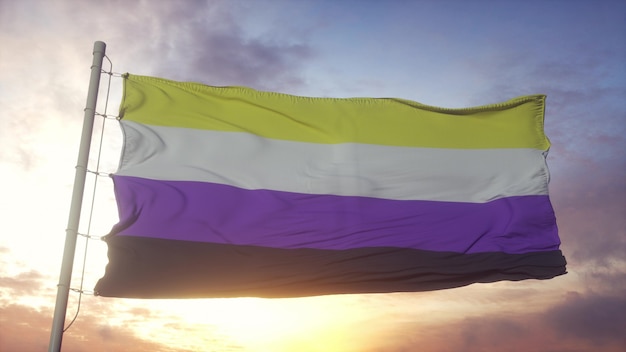 Foto bandera de orgullo no binaria ondeando en el fondo del viento, el cielo y el sol. representación 3d