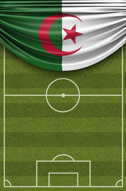 La bandera del país de Argelia cubrió un campo de fútbol de fútbol 3D Rendering