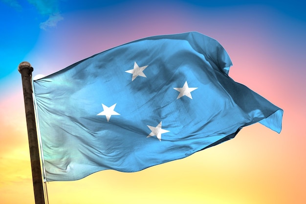 bandera del país de micronesia, bandera 3d y fondo de color.