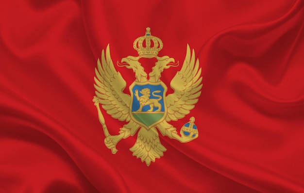 Bandera del país de Montenegro en el panorama de fondo de tela de seda ondulada - ilustración