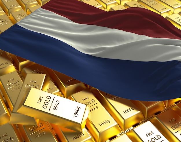 Bandera del país nacional de Holanda en barras de lingotes de oro