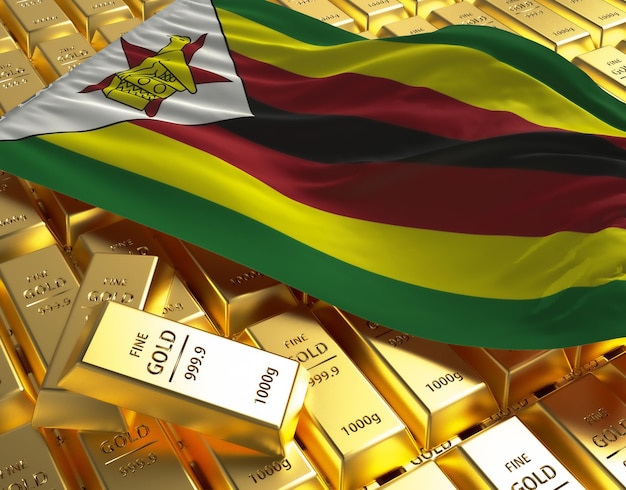 Bandera del país nacional de Zimbabue en barras de lingotes de oro