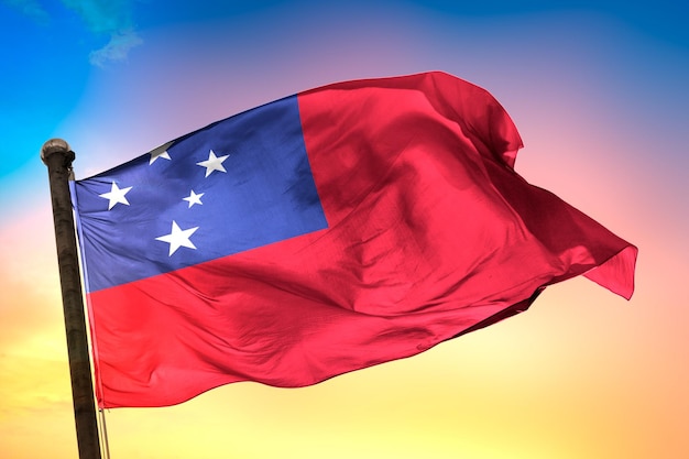 bandera del país de samoa, bandera 3d y fondo de color.