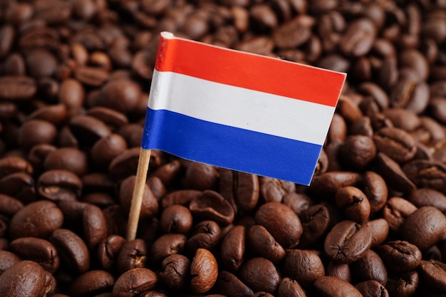 Bandera de los Países Bajos en los granos de café que se compran en línea para la exportación o importación de productos alimenticios