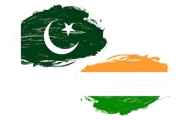 Bandera de pakistán e india juntas en un fondo de pincel de trazo blanco