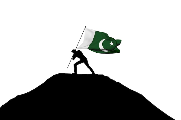 La bandera de Pakistán es empujada a la cima de la montaña por una silueta masculina 3D Rendering