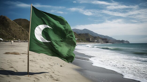 La bandera de Pakistán en la playa