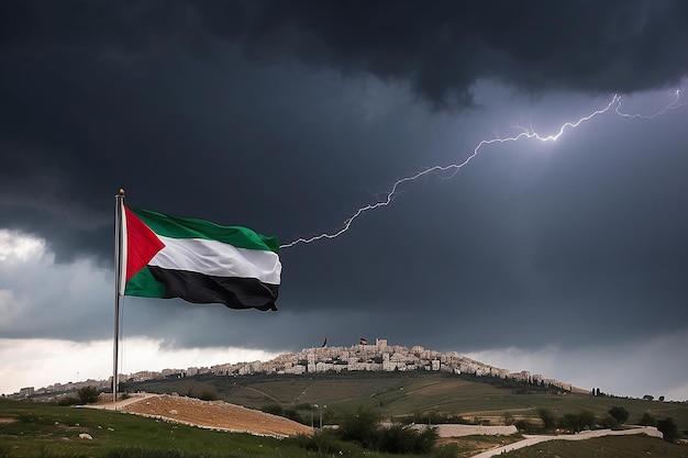 Foto la bandera palestina en el cielo tormentoso vuela en el cielo