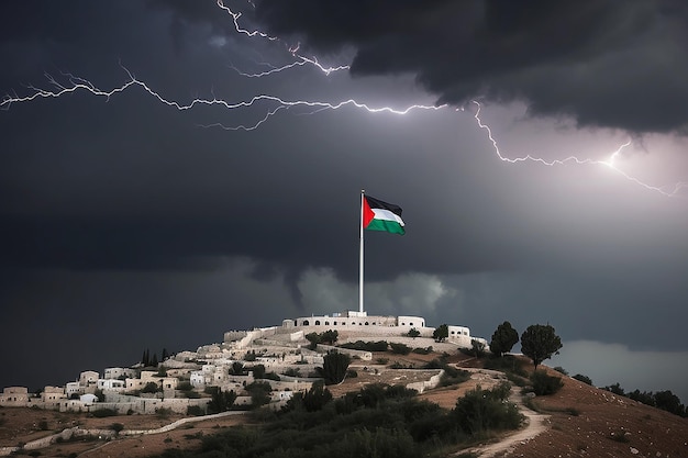 Foto la bandera palestina en el cielo tormentoso vuela en el cielo