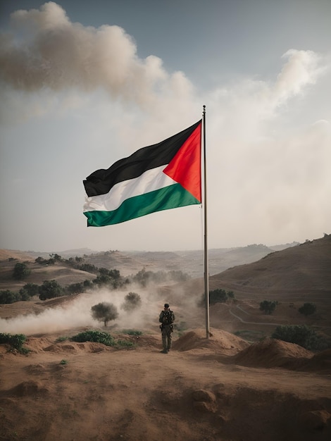 bandera palestina con ciudad destruida generada por IA