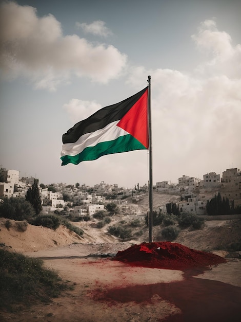 bandera palestina con ciudad destruida generada por IA