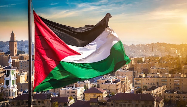 Foto bandera palestina ondeando en el viento con el paisaje urbano de fondo