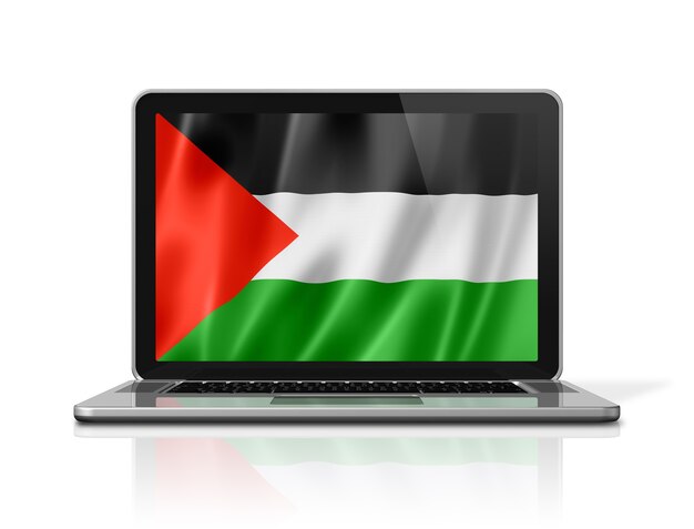 Bandera de Palestina en la pantalla del portátil aislado en blanco. Render de ilustración 3D.