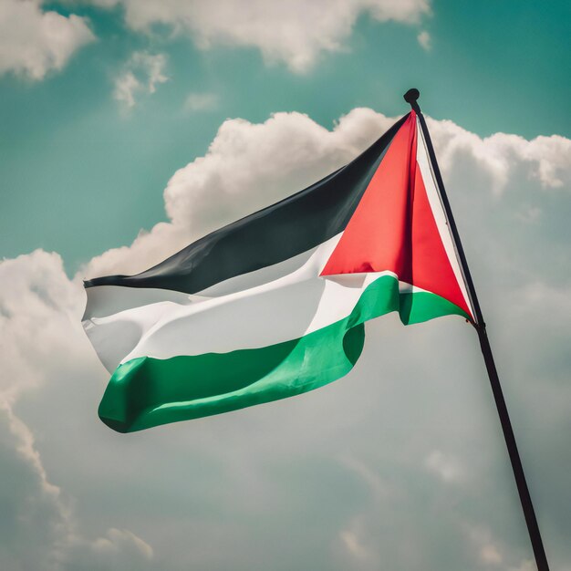 Foto la bandera de palestina en el viento bajo un cielo nublado