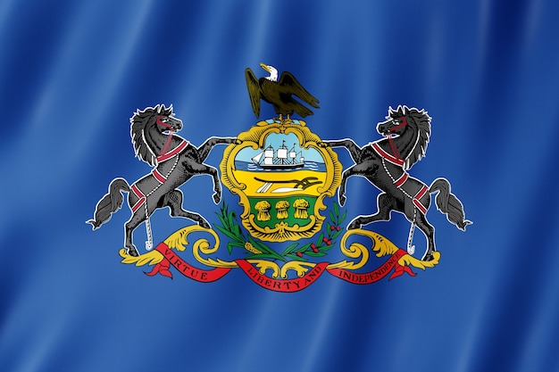 Bandera de Pennsylvania, Estados Unidos. Ilustración 3D de la ondulación de la bandera de Pensilvania.