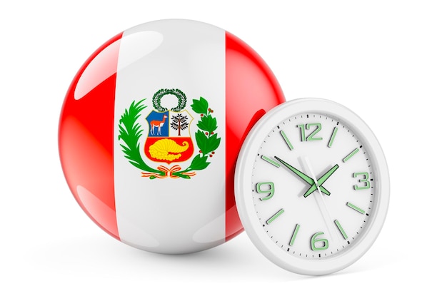 Bandera peruana con reloj Hora en Perú Representación 3D