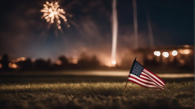 Foto una bandera está de pie en la hierba con fuegos artificiales en el fondo.