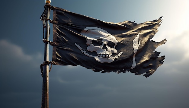 Foto una bandera pirata negra ondulada con hueso y cráneo está en el mástil